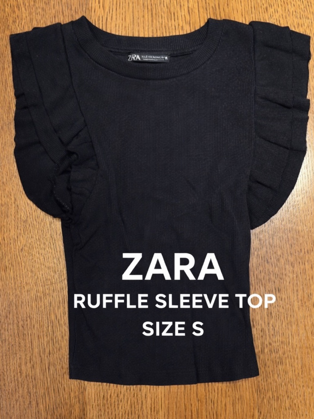 ZARA BLACK RUFFLE SLEEVE TOP | RIBBED KNIT TEE | SIZE S